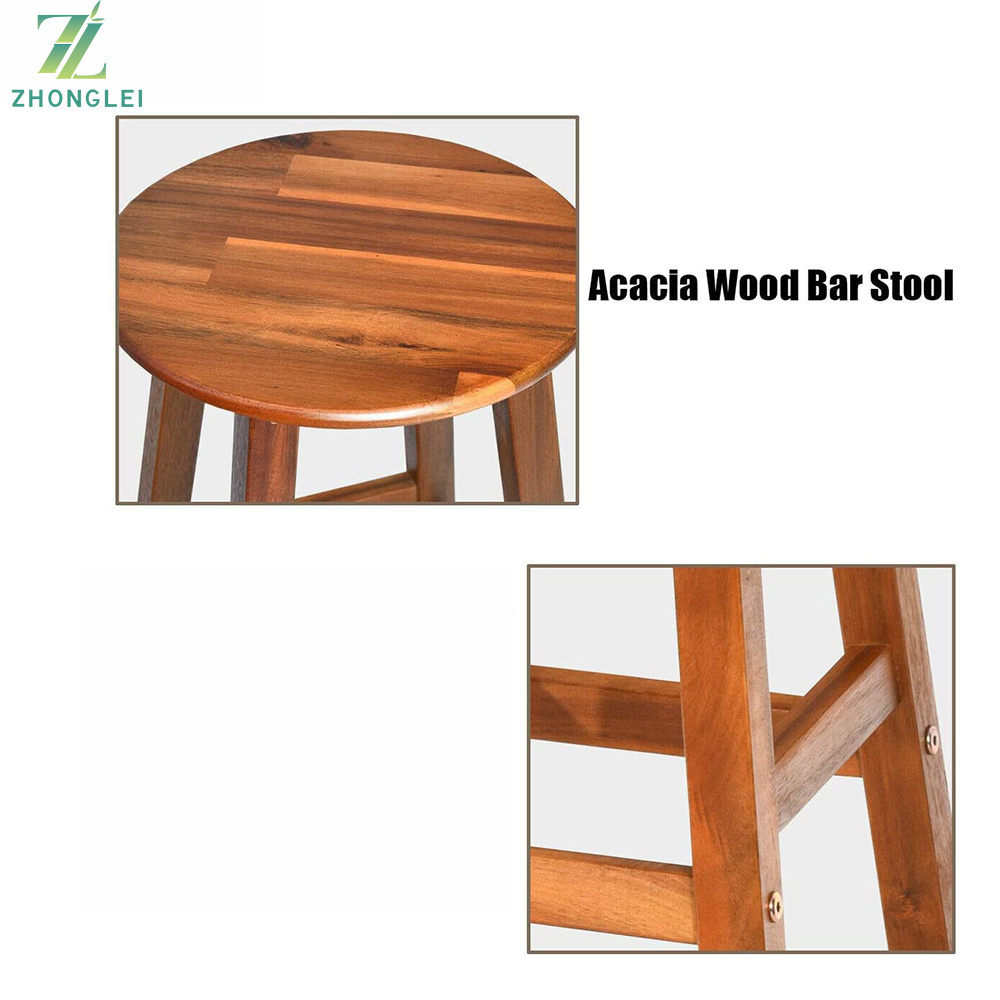 Round Acacia Wood StoolSolid Wood Chair with Foot Plate, Round Seat with Stable Legs, Ideal for Kitchen,