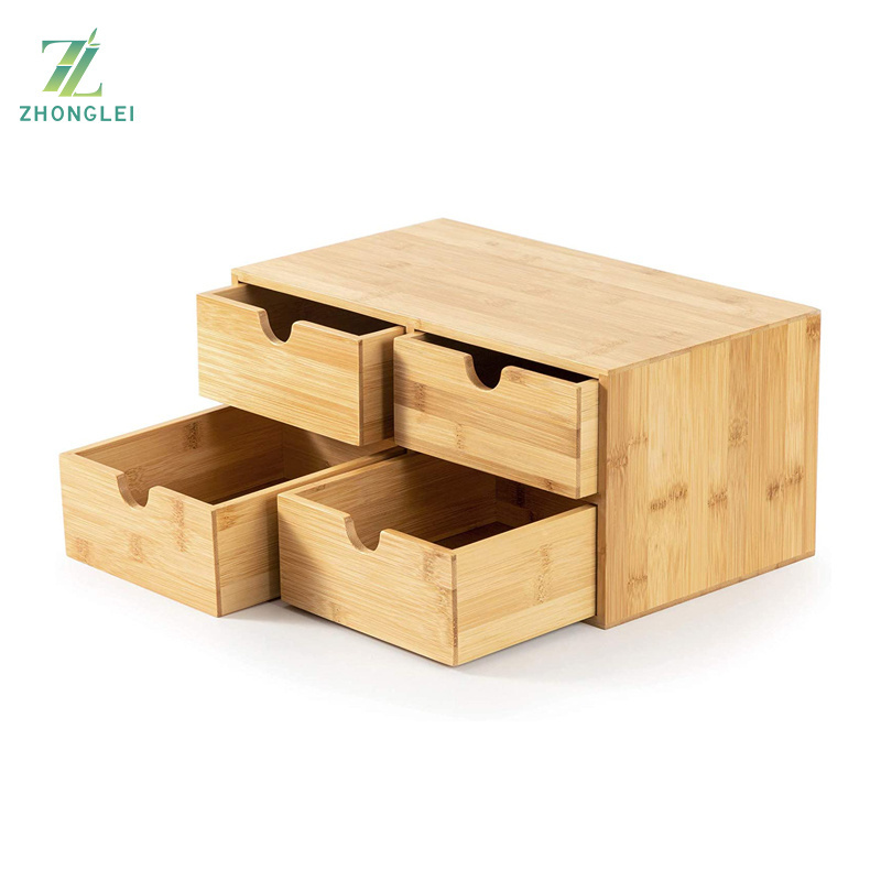 Bamboo Desk Organizer - Mini Bamboo Desk Drawer Tabletop Cosmetic Storage Organization for Office or Home (4 Drawer)