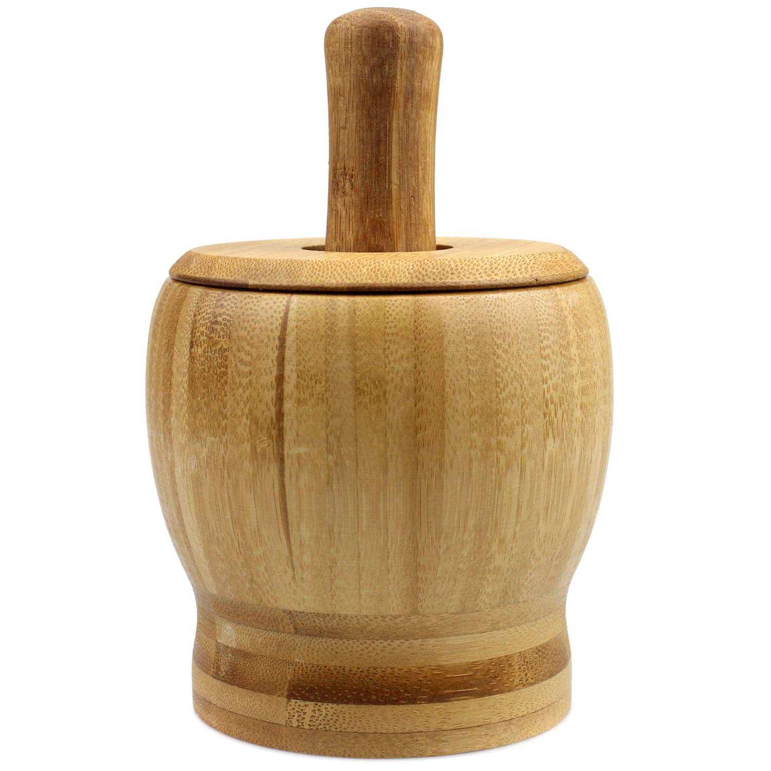 Natural Bamboo Wood Pepper Garlic Herb Spice Grinder Press Crusher Masher Mortar and Pestle Set with Lid and Spoon