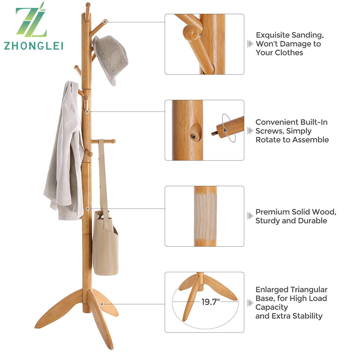 Wooden Hall Tree Enterway Coat Hanger Holder Free Standing for Clothes Hats Purses Coat Rack Stand with 11 Rounded Hook