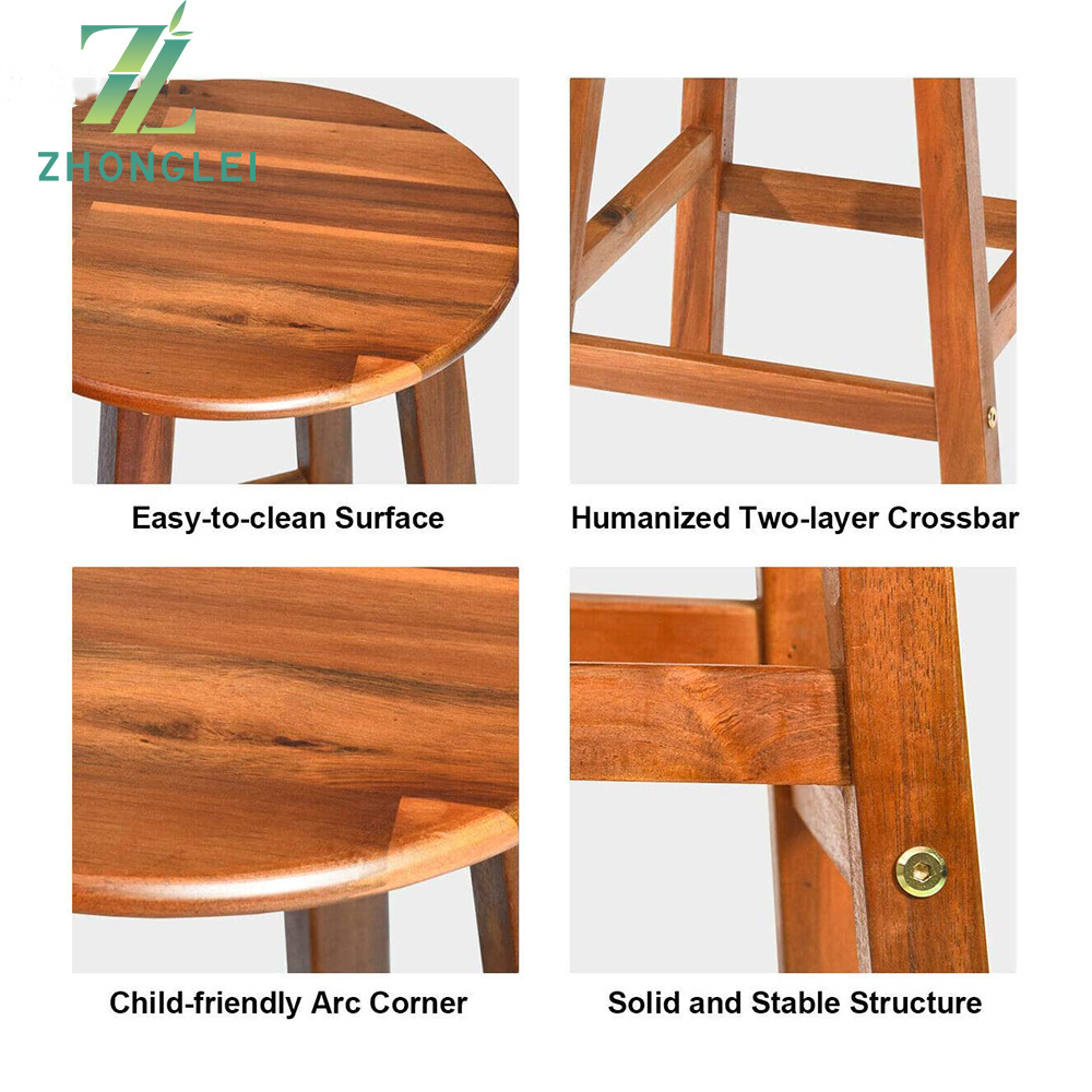 Round Acacia Wood StoolSolid Wood Chair with Foot Plate, Round Seat with Stable Legs, Ideal for Kitchen,