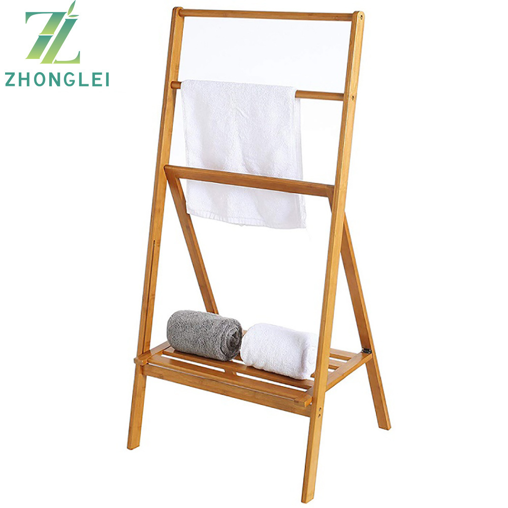 Towel Rack 3-Bar Free Standing Bathroom Bamboo Towel Stand Holder Organizer with Shelf Collapsible