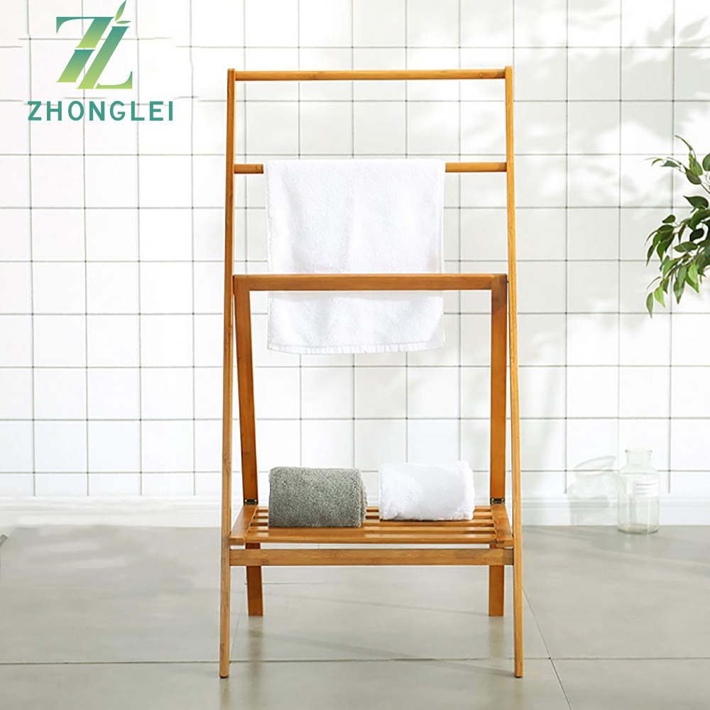 Towel Rack 3-Bar Free Standing Bathroom Bamboo Towel Stand Holder Organizer with Shelf Collapsible