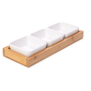 Ceramics Porcelain Snack Serving Bowls Set of 3 Bamboo Condiments Tray Bowl Holder for Sauce, Snacks, Fruits, and Cheese