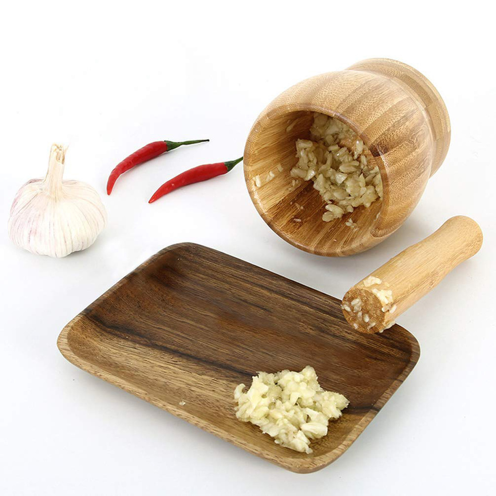 Natural Bamboo Wood Pepper Garlic Herb Spice Grinder Press Crusher Masher Mortar and Pestle Set with Lid and Spoon