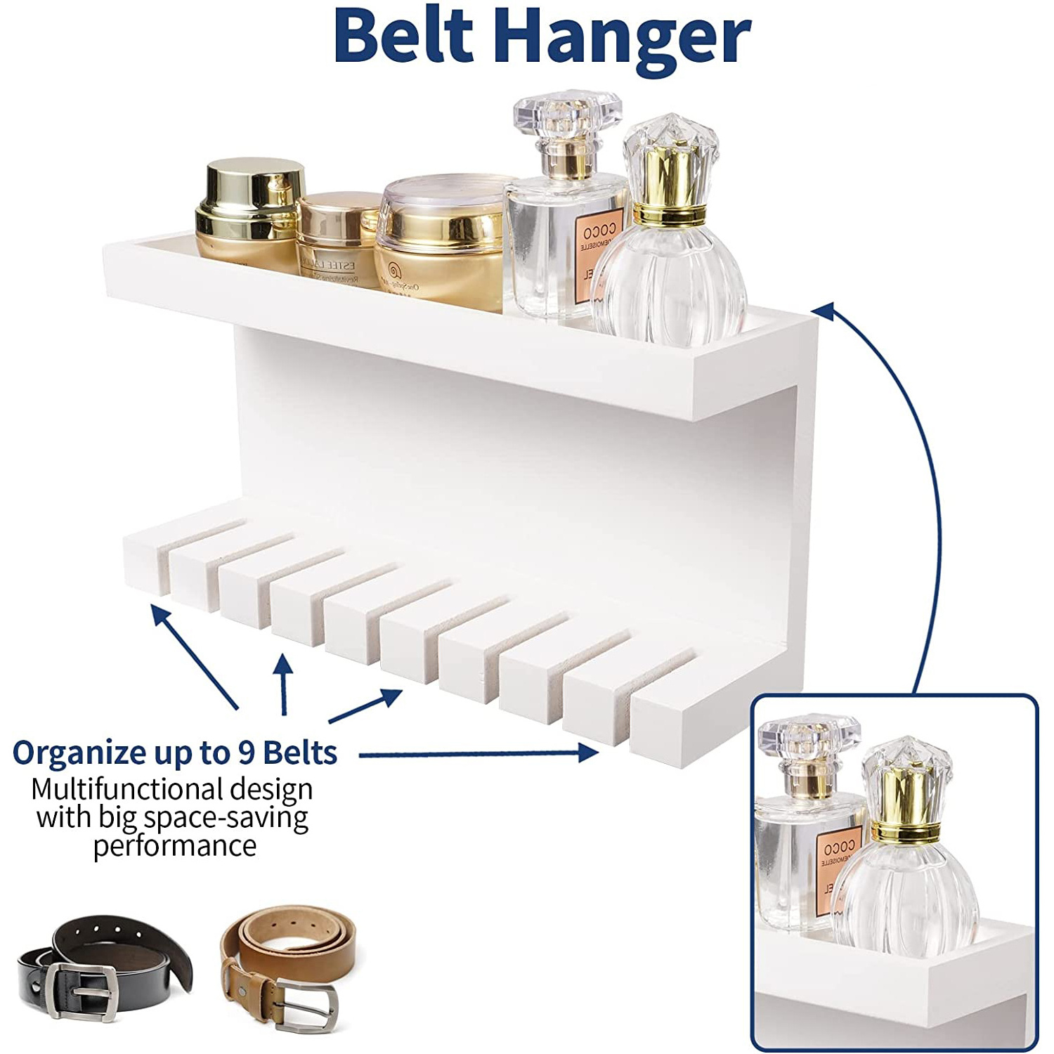 White Belt Storage Organizer for Closet Belt Hanger Wall Mounts with Double Shelving Platform Universal Belt Rack Holder