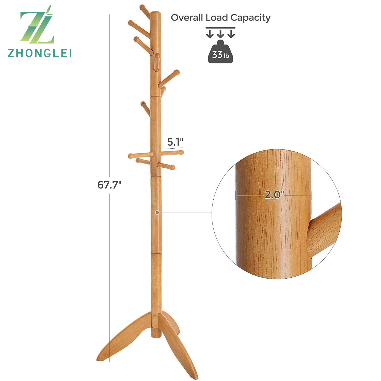 Wooden Hall Tree Enterway Coat Hanger Holder Free Standing for Clothes Hats Purses Coat Rack Stand with 11 Rounded Hook