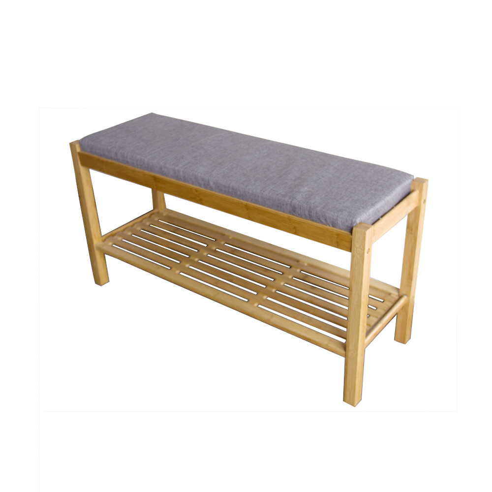 Hot product natural style shoe rack bench bamboo with cushion seat luggage storage rack