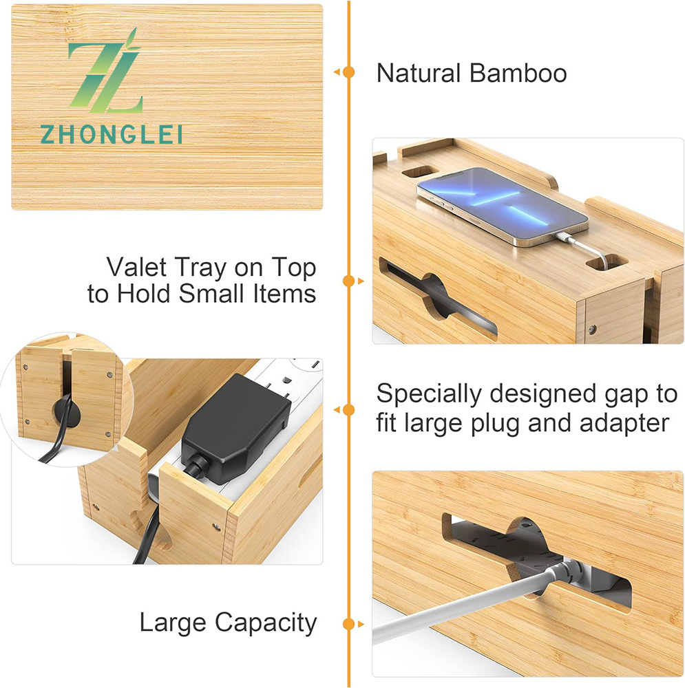 Power Strips for Desktop Storage Cord Holder Bamboo Cable box