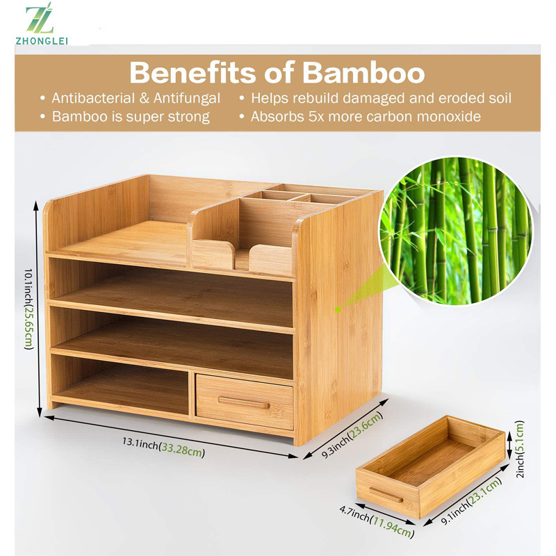 4 Tier Bamboo Desk Organizer with Drawers for Home, Office, and Dorm - Table Top Shelf Desktop Organizer