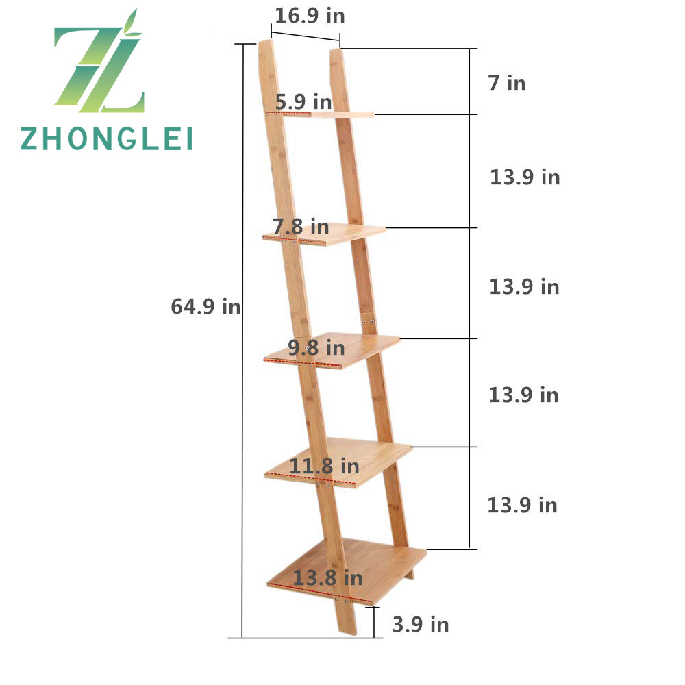 Bamboo Ladder Shelf 5-Tier Wall-Leaning Bookshelf Ladder Bookcase Storage Display Shelves for Living Room Kitchen Office