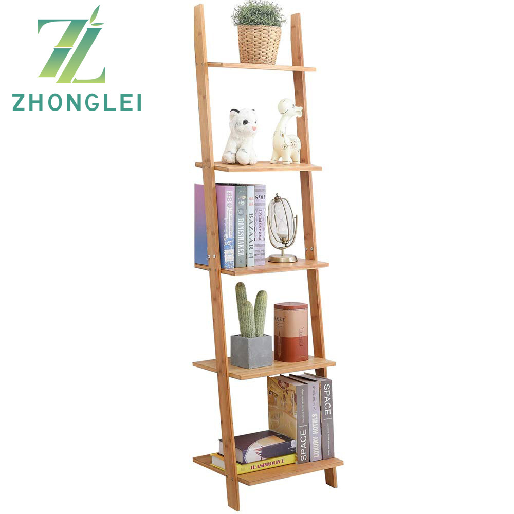 Bamboo Ladder Shelf 5-Tier Wall-Leaning Bookshelf Ladder Bookcase Storage Display Shelves for Living Room Kitchen Office