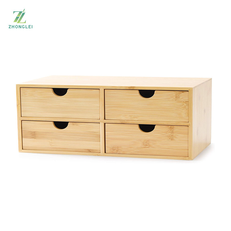 Bamboo Desk Organizer - Mini Bamboo Desk Drawer Tabletop Cosmetic Storage Organization for Office or Home (4 Drawer)