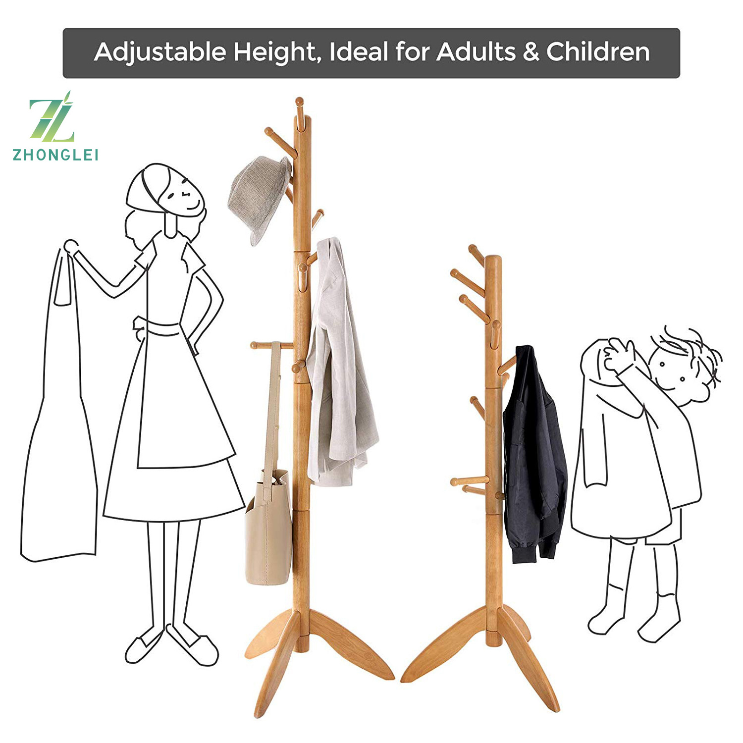 Wooden Hall Tree Enterway Coat Hanger Holder Free Standing for Clothes Hats Purses Coat Rack Stand