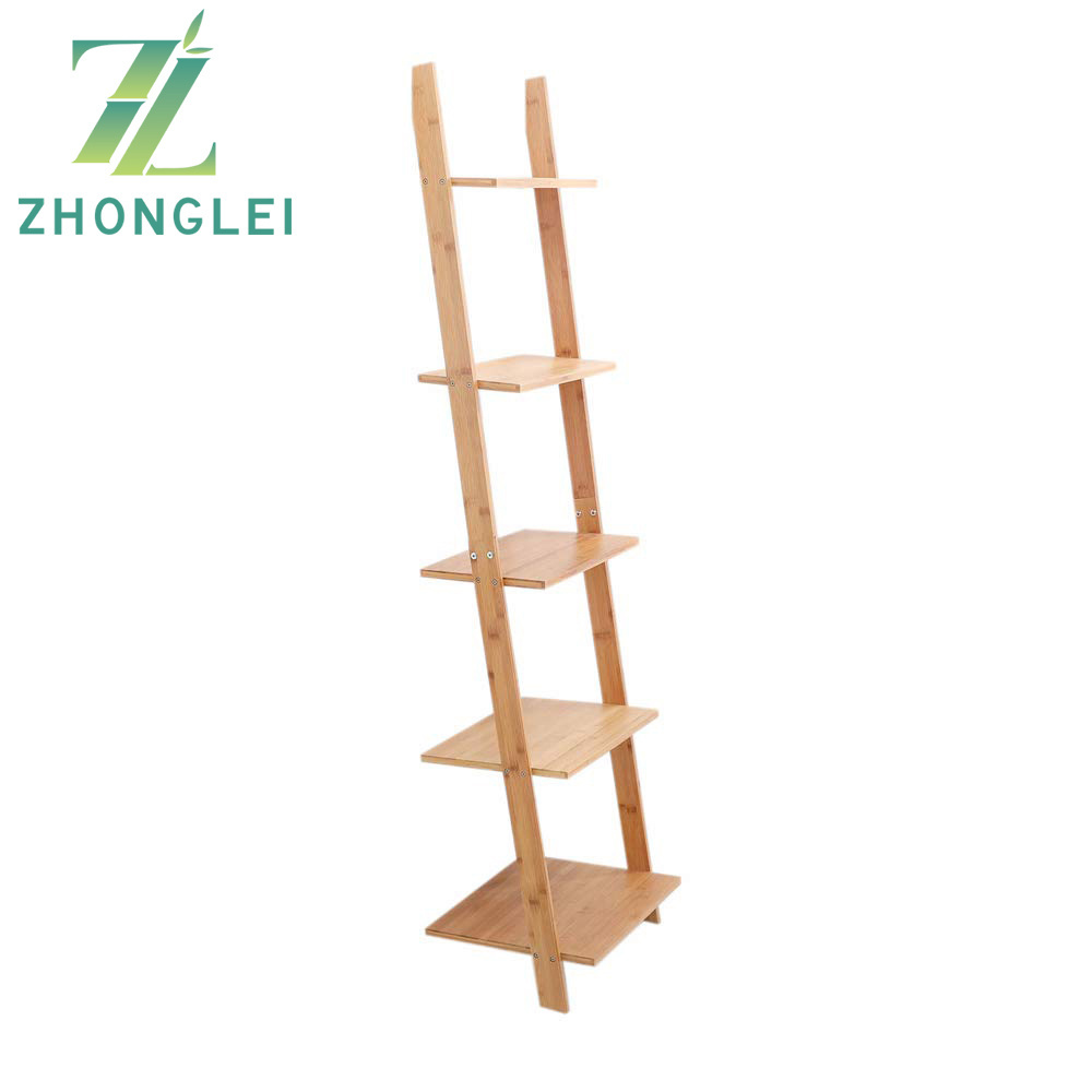 Bamboo Ladder Shelf 5-Tier Wall-Leaning Bookshelf Ladder Bookcase Storage Display Shelves for Living Room Kitchen Office