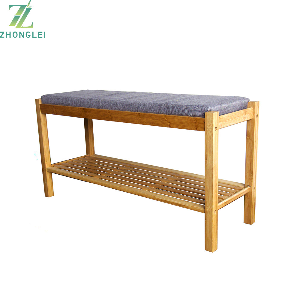 Hot product natural style shoe rack bench bamboo with cushion seat luggage storage rack