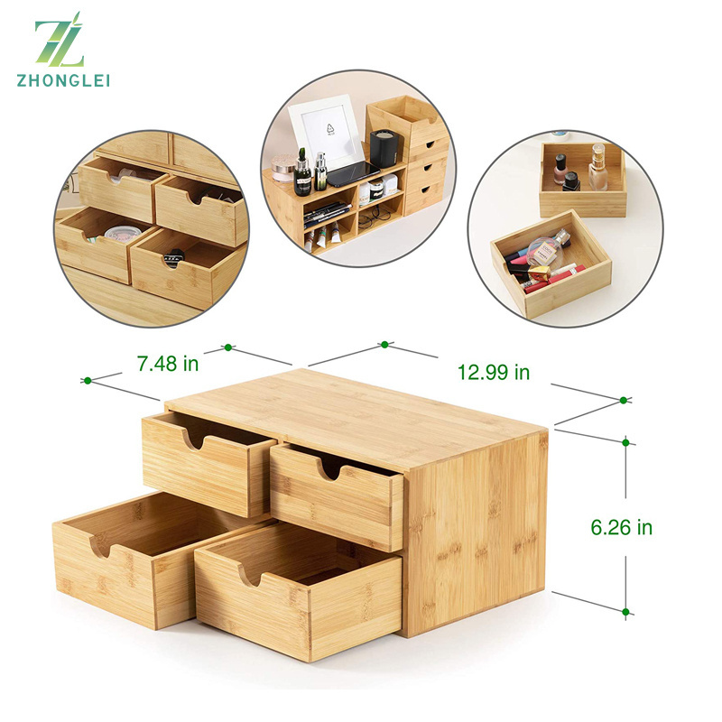 Bamboo Desk Organizer - Mini Bamboo Desk Drawer Tabletop Cosmetic Storage Organization for Office or Home (4 Drawer)