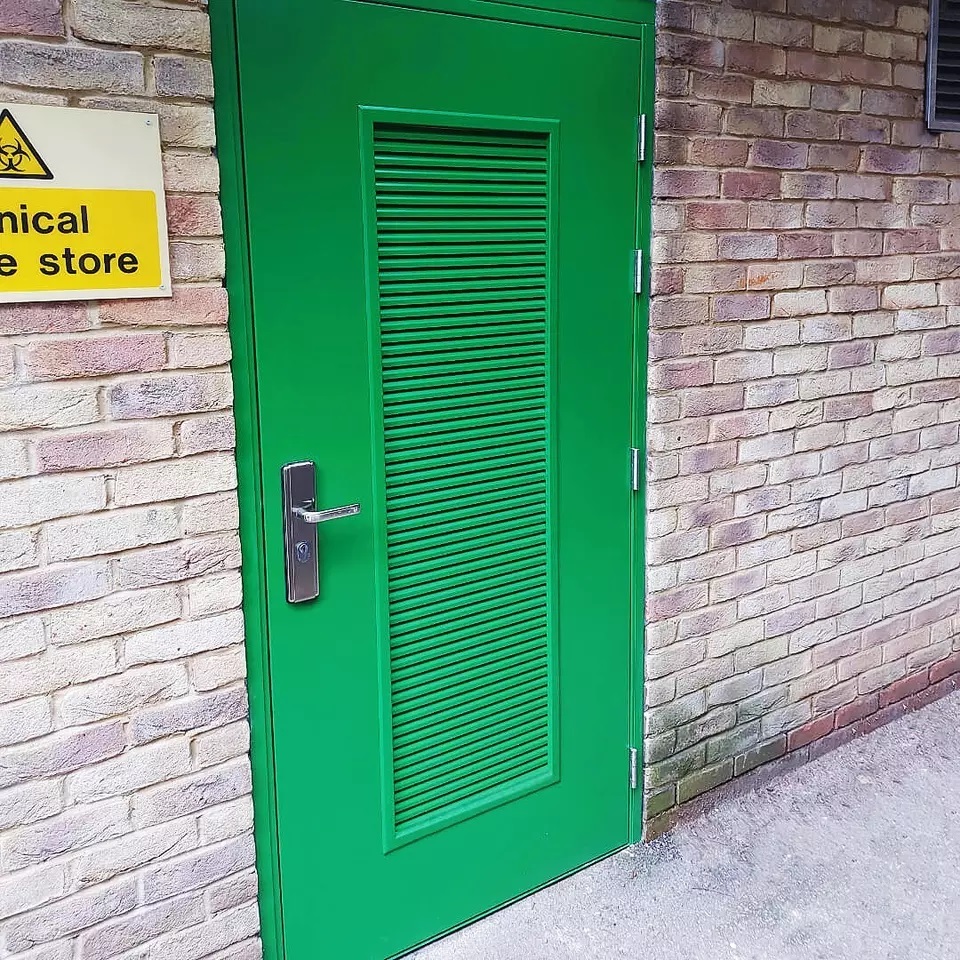 UK Standard Fire Door Single Leaf Fire Resistant Steel Louver Door with Panic Bar and Lockset