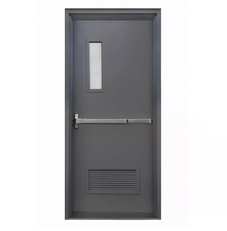 UK Standard Fire Door Single Leaf Fire Resistant Steel Louver Door with Panic Bar and Lockset