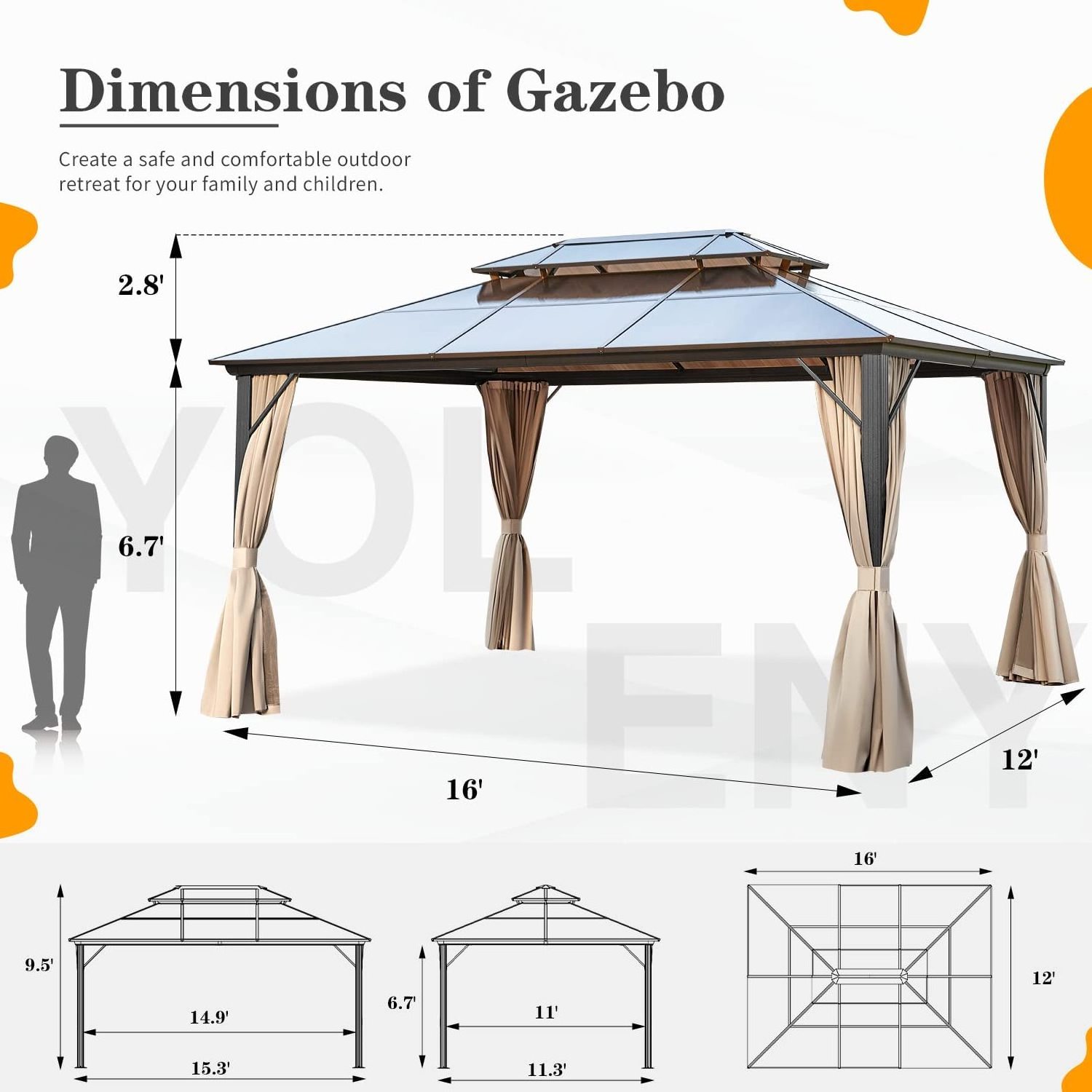 High quality outdoor aluminium double roof pavilion 12' x 10' hardtop gazebo with curtains