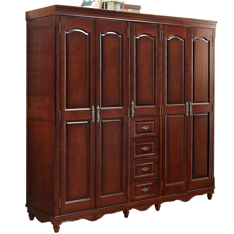 Wholesale Furniture Beautiful Hand-Carved Dark Color Solid Wooden Wardrobe