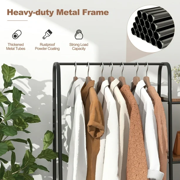 Zhongou Hot Sale Clothing Rack with Wood Shelves Multi Functional Garment Rack Storage Freestanding Wardrobe Industrial