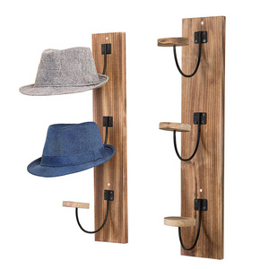 Set of 2 Wall Mounted Rustic Wood and Metal Wire Vertical Hat and Coat Garment Racks Wall Storage Display Shelves