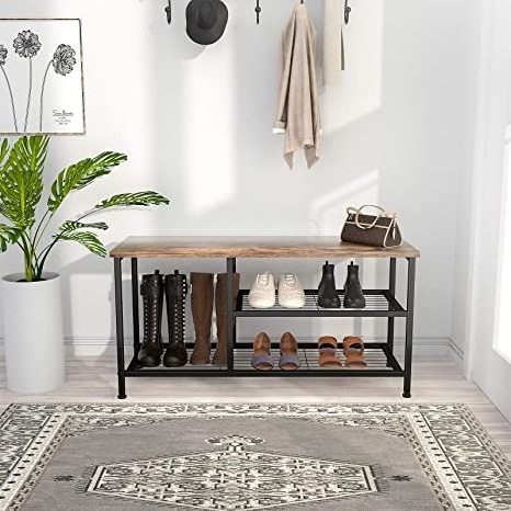 3-Tier Small Rustic Shoe Rack Bench for Entryway with Boot Organizer Bench with Shoe Storage Shelf for Small Spaces