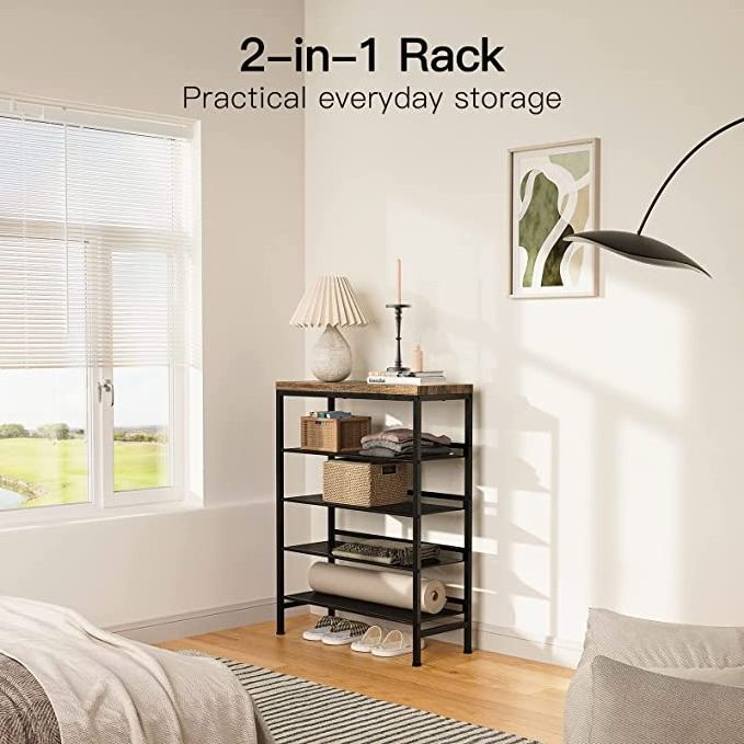 Hot 5-Tier Shoe Rack Selling Easy To Assemble Space Saving Durable Metal Shoe Shelf with Wooden Top