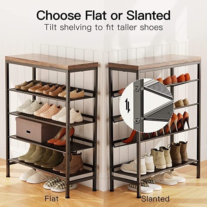 Hot 5-Tier Shoe Rack Selling Easy To Assemble Space Saving Durable Metal Shoe Shelf with Wooden Top