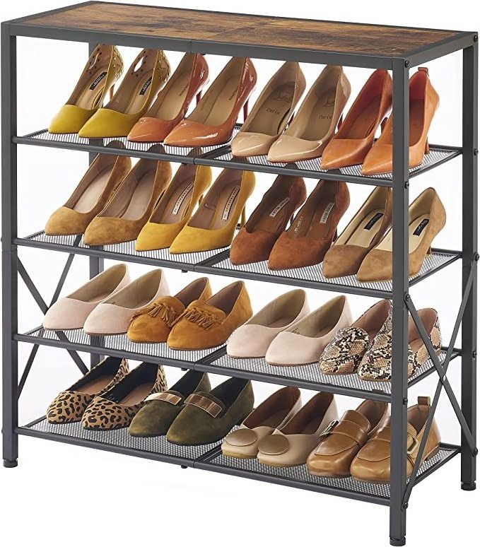 Hot 5-Tier Shoe Rack Shelves Industrial Shoe Rack for Closet Entryway Metal Mesh Shoe Storage Shelf with X Shape Fixed Frame