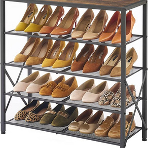 Hot 5-Tier Shoe Rack Shelves Industrial Shoe Rack for Closet Entryway Metal Mesh Shoe Storage Shelf with X Shape Fixed Frame