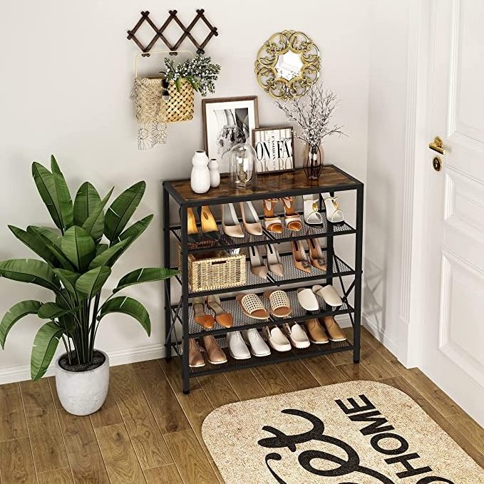 Hot 5-Tier Shoe Rack Shelves Industrial Shoe Rack for Closet Entryway Metal Mesh Shoe Storage Shelf with X Shape Fixed Frame