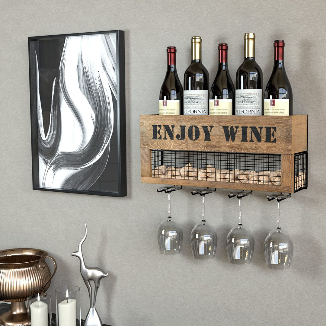 Stylish Home Decor Rustic Wood and Metal Wine Rack made of solid Paulownia wood Bottles and Glass Holder Cork Storage