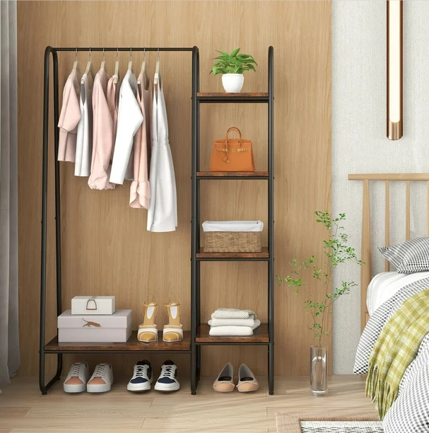 Zhongou Hot Sale Clothing Rack with Wood Shelves Multi Functional Garment Rack Storage Freestanding Wardrobe Industrial