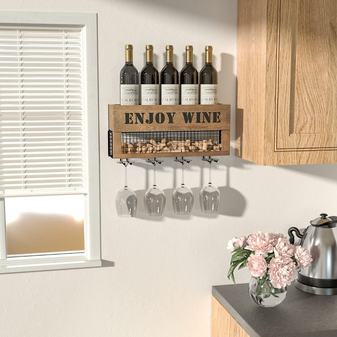 Stylish Home Decor Rustic Wood and Metal Wine Rack made of solid Paulownia wood Bottles and Glass Holder Cork Storage