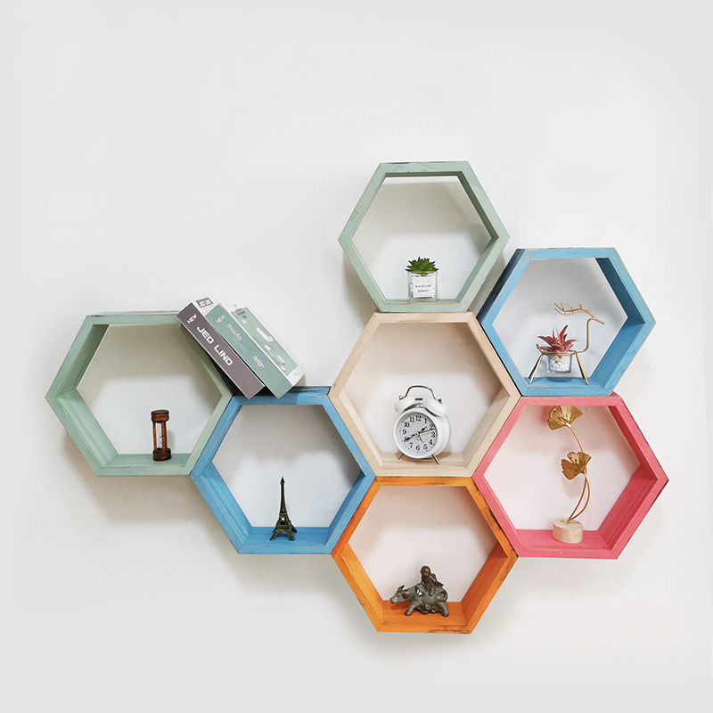 Hot selling modern Display Hexagon Wood Honeycomb Ornament Modular Floating Colored Solid Wood Wall Shelf Storage Shelf