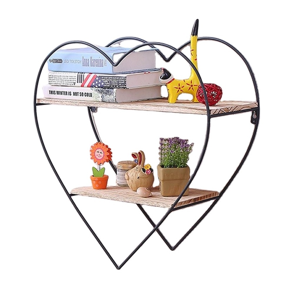 Heart shape Wooden and Metal  heart style Wall Hanging Craft floating  Wall  Shelf for storage and decoration