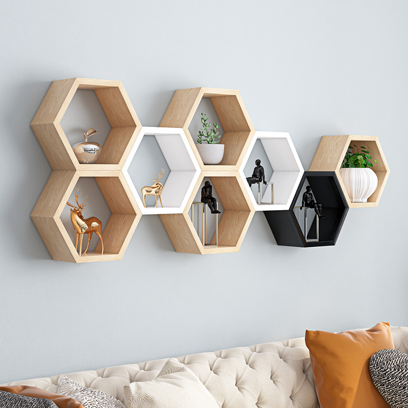 Hot selling modern Display Hexagon Wood Honeycomb Ornament Modular Floating Colored Solid Wood Wall Shelf Storage Shelf