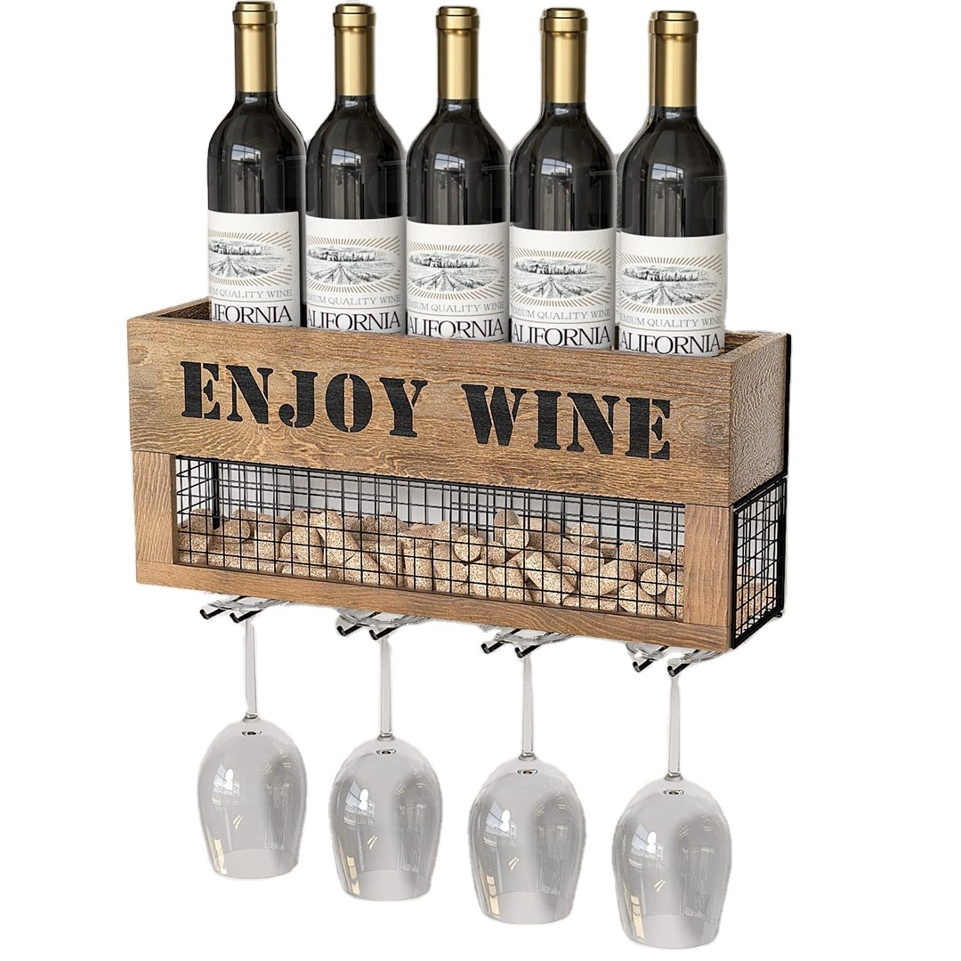 Stylish Home Decor Rustic Wood and Metal Wine Rack made of solid Paulownia wood Bottles and Glass Holder Cork Storage