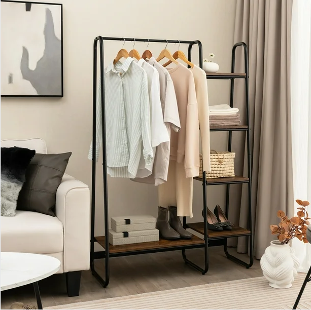 Zhongou Hot Sale Clothing Rack with Wood Shelves Multi Functional Garment Rack Storage Freestanding Wardrobe Industrial