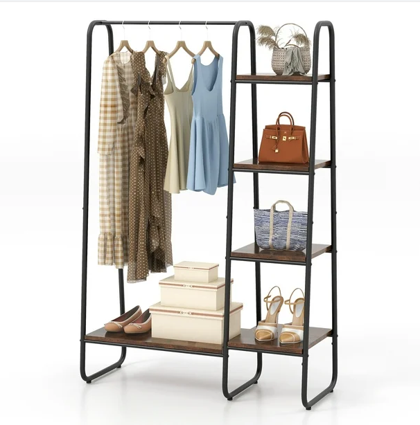 Zhongou Hot Sale Clothing Rack with Wood Shelves Multi Functional Garment Rack Storage Freestanding Wardrobe Industrial