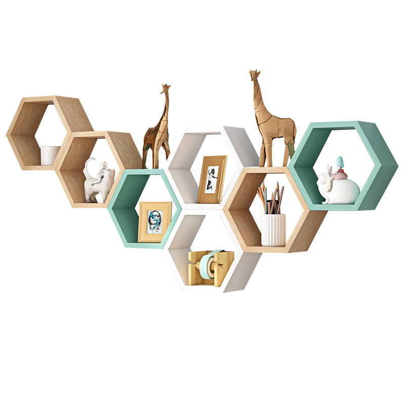 Hot selling modern Display Hexagon Wood Honeycomb Ornament Modular Floating Colored Solid Wood Wall Shelf Storage Shelf