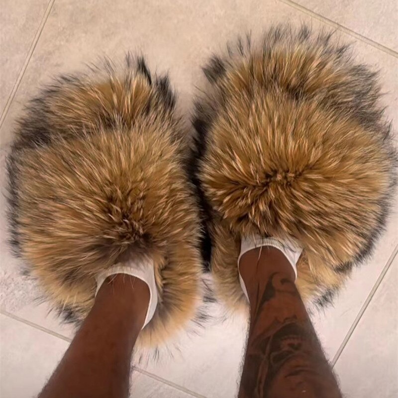 Custom LOGO Pantuflas De Peluches Slip On Zapatillas Fluffy Plush Real Raccoon Mongolian Hair Fox Fur Slides Slippers for women