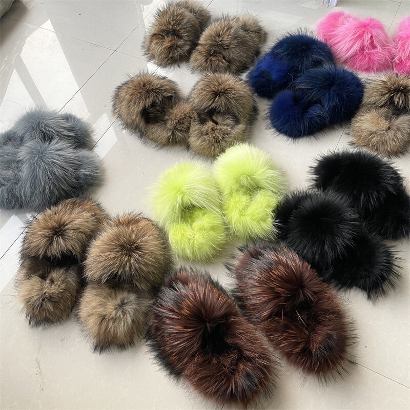 Custom LOGO Pantuflas De Peluches Slip On Zapatillas Fluffy Plush Real Raccoon Mongolian Hair Fox Fur Slides Slippers for women