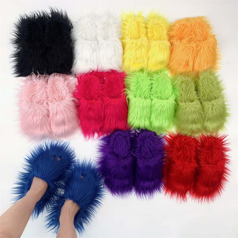 Custom LOGO Pantuflas De Peluches Zapatillas Open Toe Fluffy Plush Fuzzy Faux Mongolian Goat Hair Fur Slides Slippers for Women