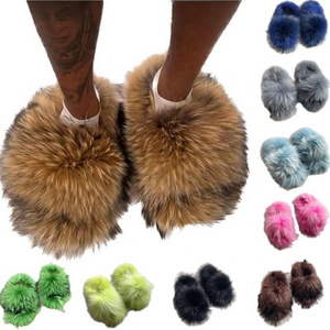 Custom LOGO Pantuflas De Peluches Slip On Zapatillas Fluffy Plush Real Raccoon Mongolian Hair Fox Fur Slides Slippers for women