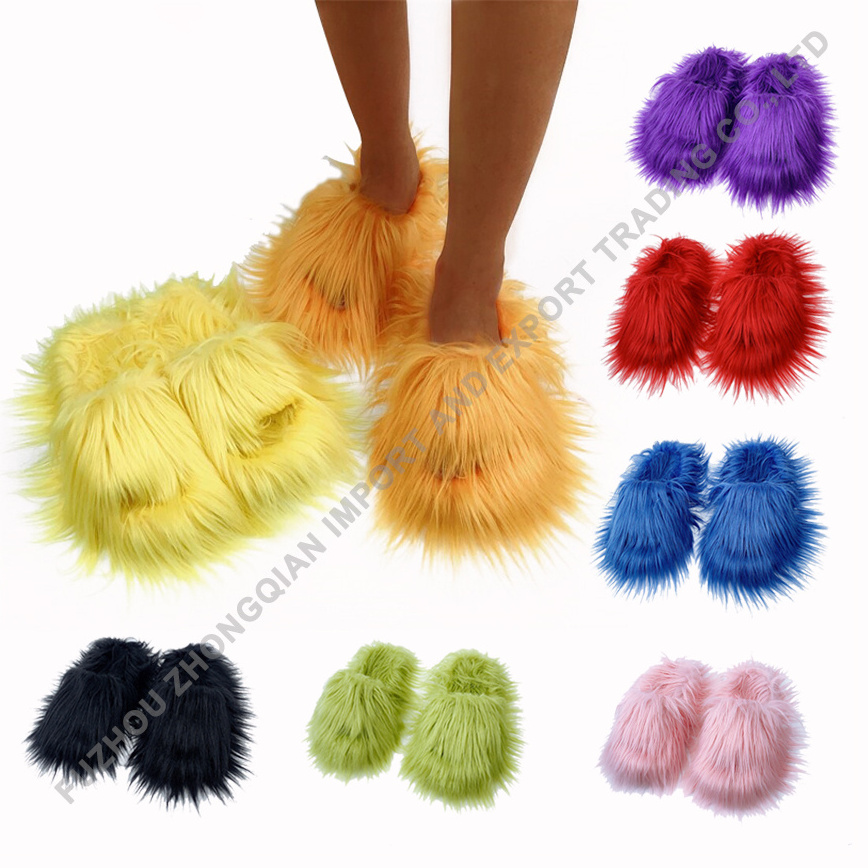 Custom LOGO Pantuflas De Peluches Zapatillas Open Toe Fluffy Plush Fuzzy Faux Mongolian Goat Hair Fur Slides Slippers for Women