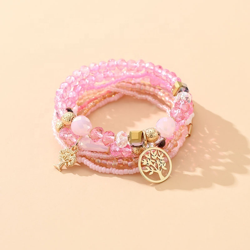 Fashion Pink Stacked Mix Match Personality Natural Stone Crystal Bracelets Tree Of Life Shape Pendant jewelry