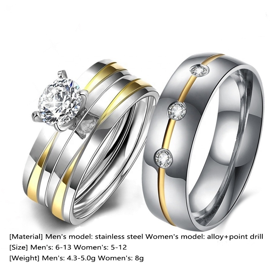 Fashion Gold Plated Crystal Square Cubic Zirconia Wedding Rings Stainless Steel Couple Ring Set